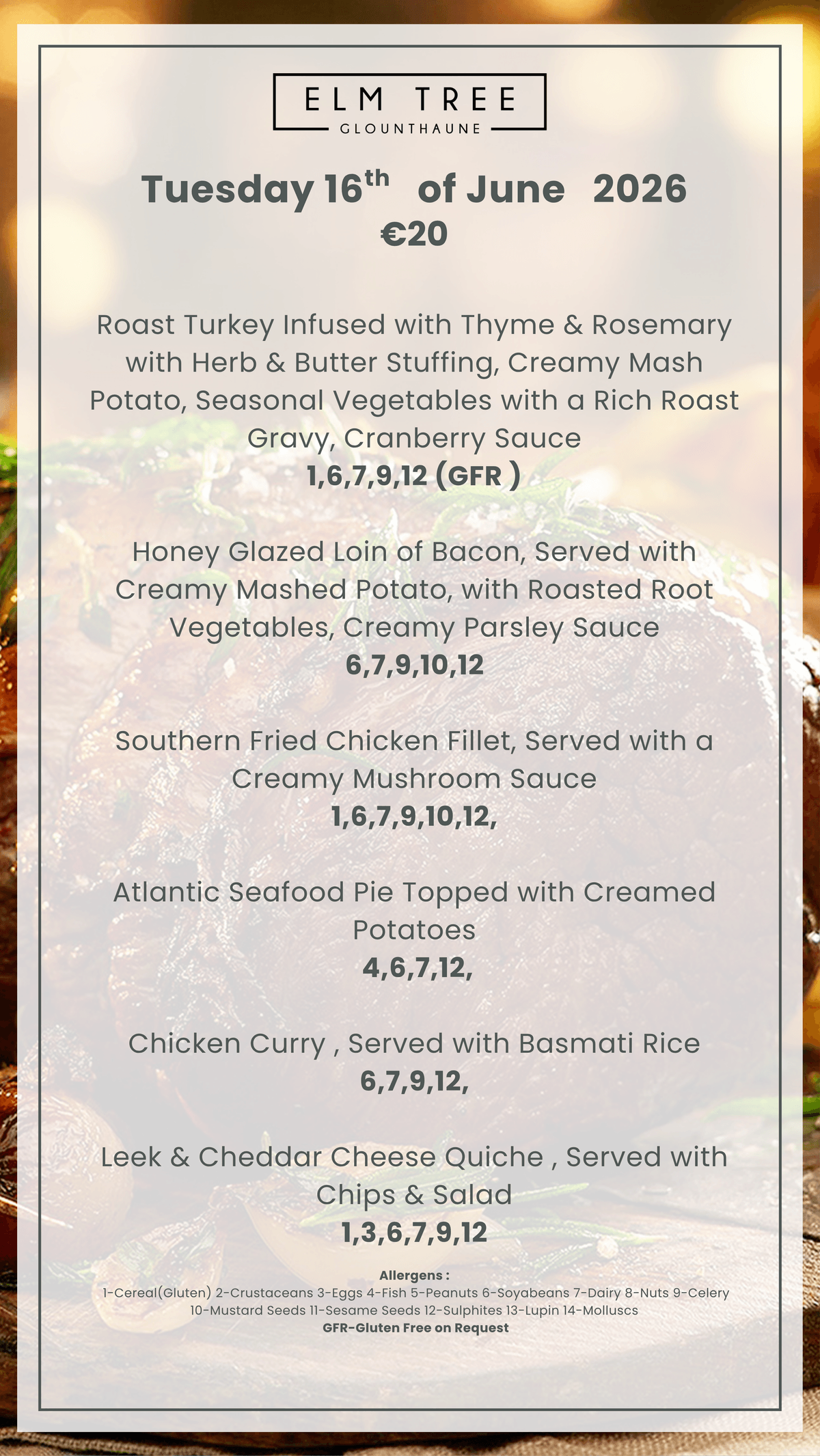 Tuesday 16th  of June Carvery Menu 