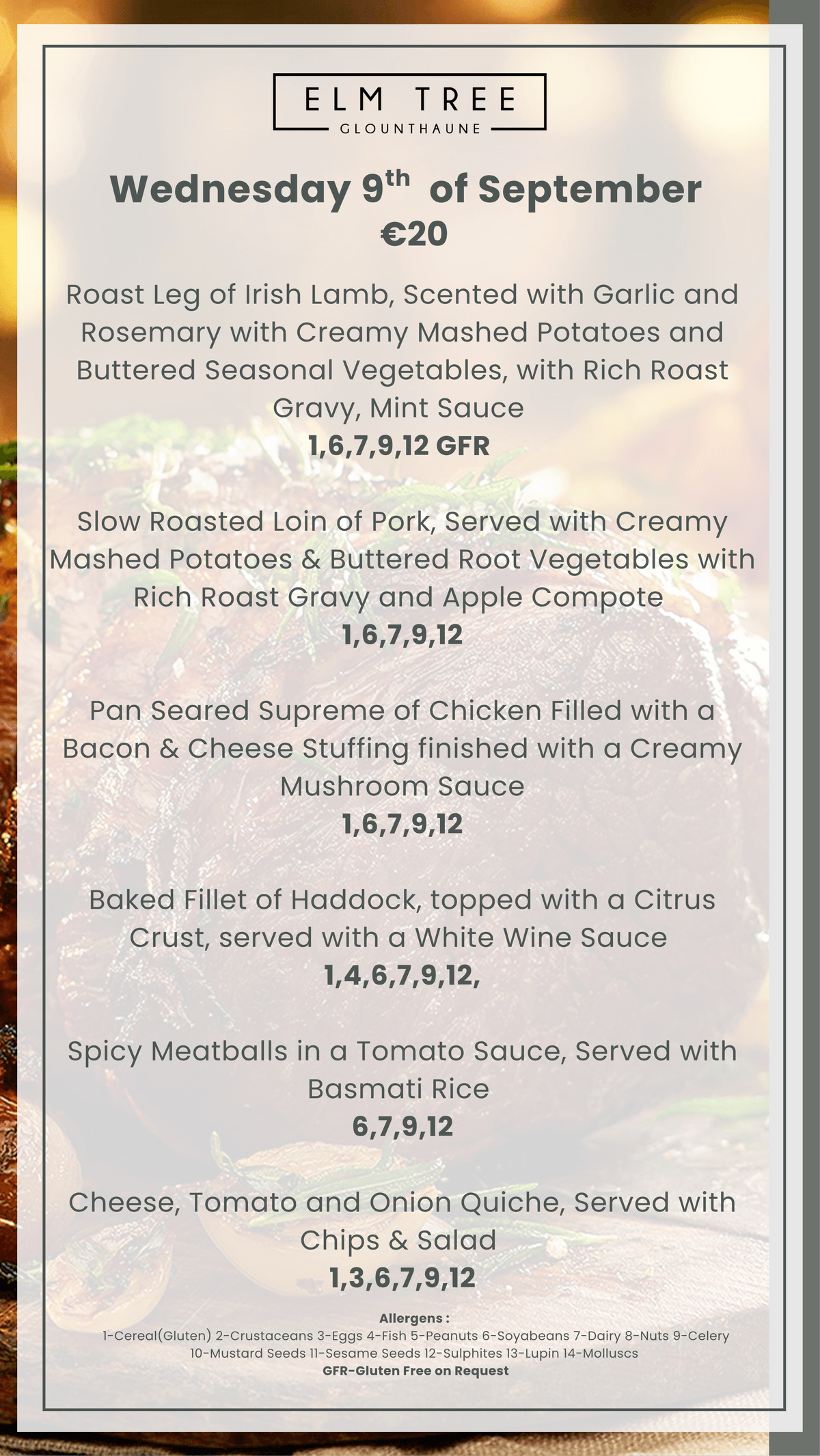 Wednesday 9th  of September Carvery Menu