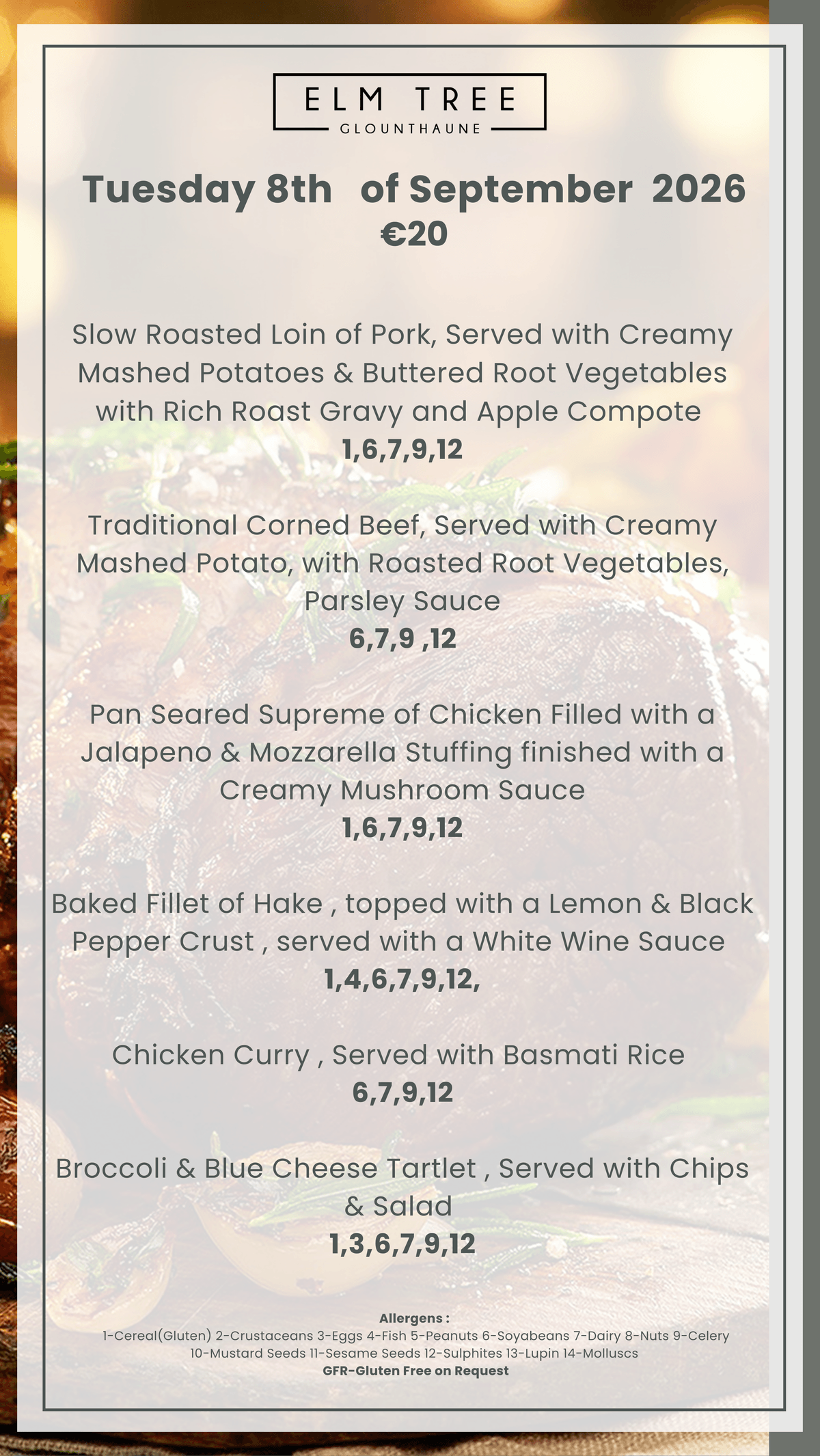 Tuesday 8th of September Carvery Menu