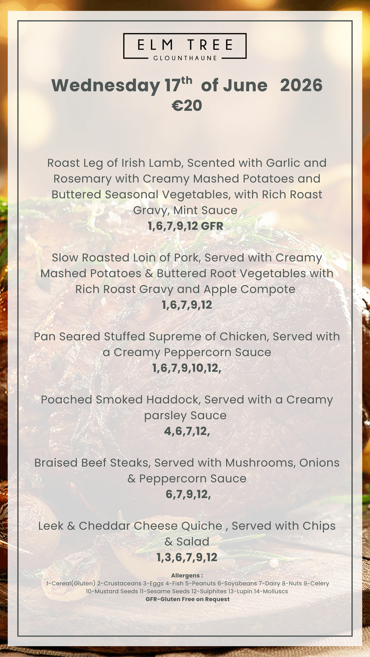 Wednesday 17th  of June Carvery Menu 