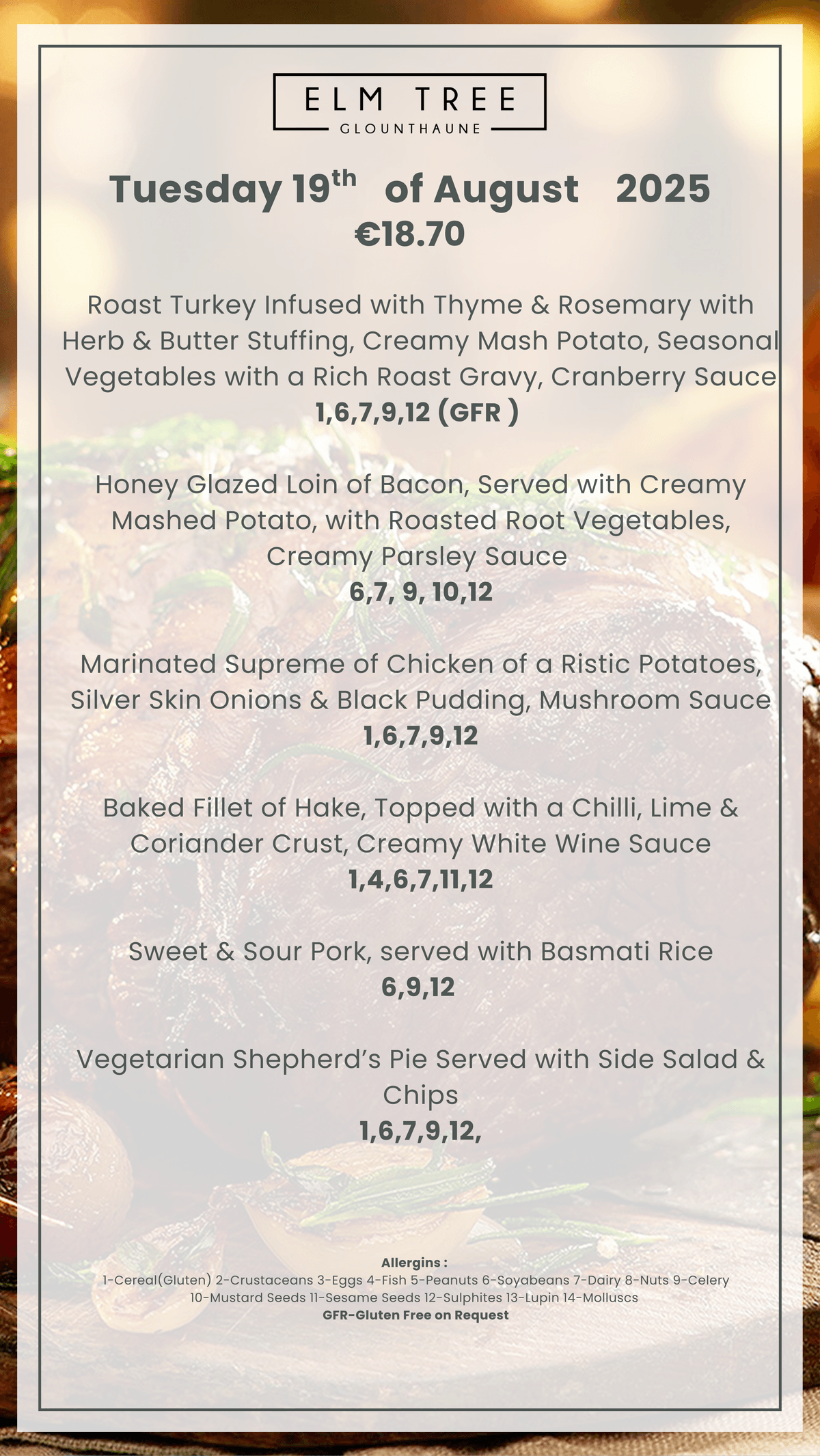 Tuesday 19th  of August  Carvery Menu