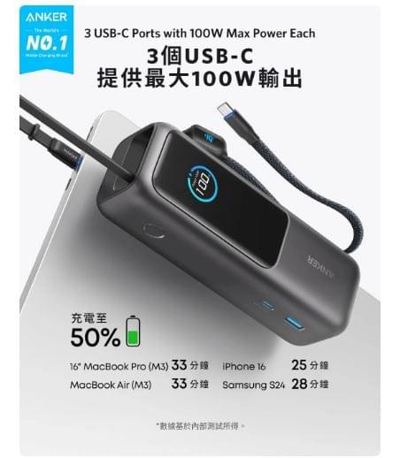 Anker Power Bank (25K, 165W, Built-In and Retractable Cables) 100W PD 行動電源