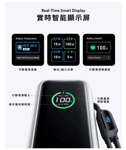 Anker Power Bank (25K, 165W, Built-In and Retractable Cables) 100W PD 行動電源