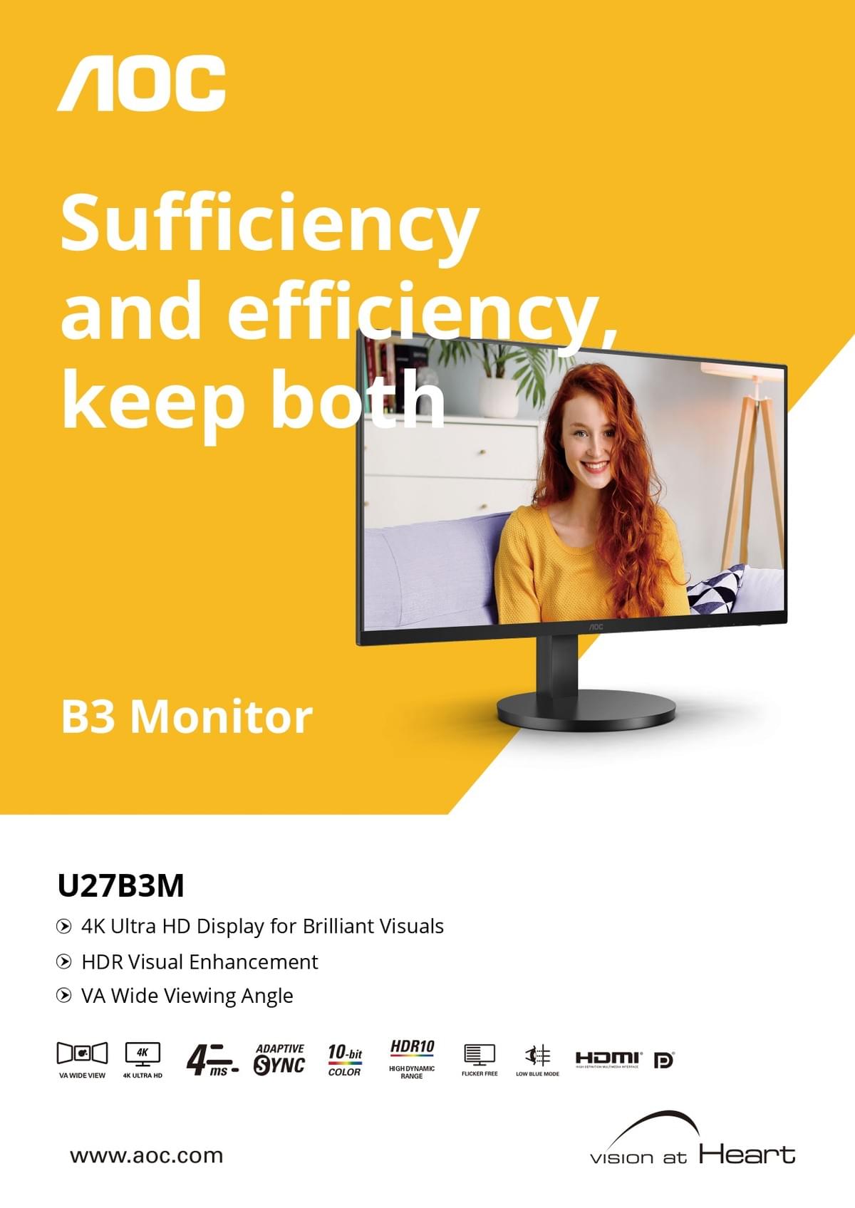 AOC U27B3M 顯示器 (27吋 / 4K UHD [3840 x 2160] / 60Hz / VA / HDR 10 / VESA Mount Support)