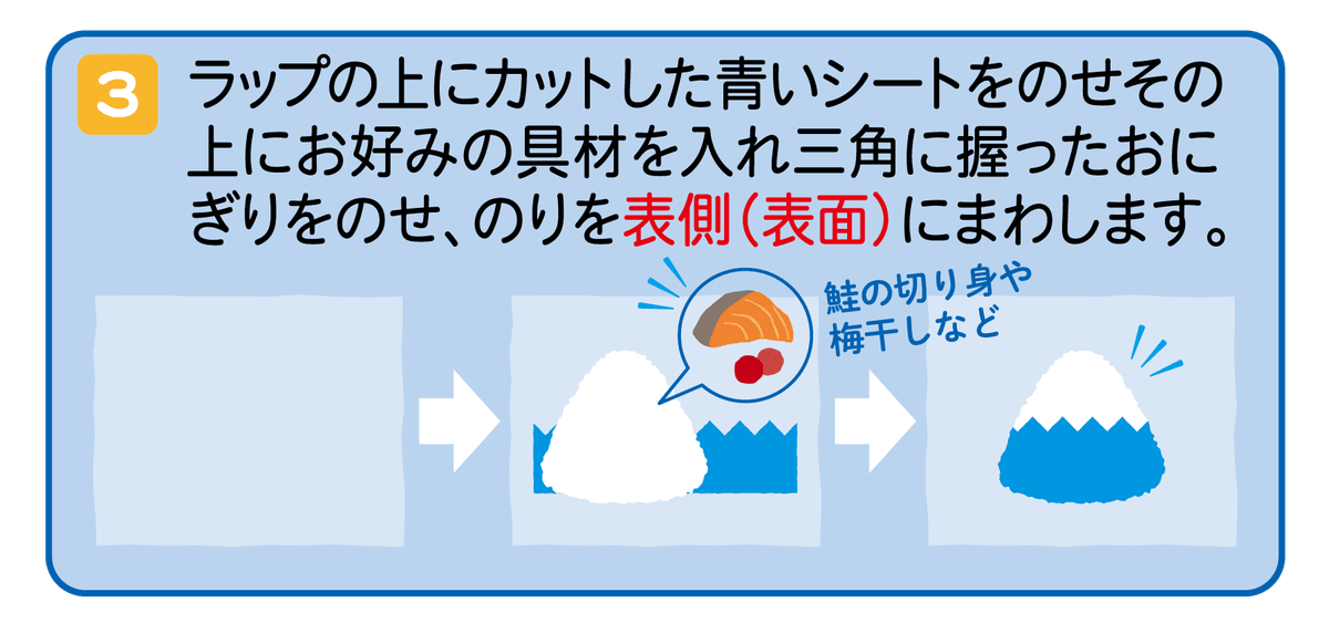 ラップの上でご飯と好みの具材を三角形にまとめ、青い海藻シートを巻く ラップの上でご飯と好みの具材を三角形にまとめ、青い海藻シートを巻く
