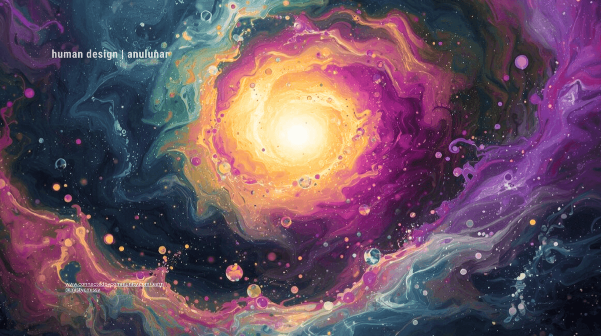 Swirling cosmic golden-pink energy vortex with radiant core and ethereal teal-magenta nebula waves, symbolizing Human Design Right Angle Cross of the Unexpected (31/41 | 27/28) Emerging Leader – Gates 31 intuitive influence, 41 emotional spark, 27 devotion, 28 meaningful struggle AnuLunar™