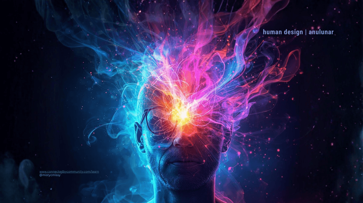 Human Design cosmic artwork for Juxtaposition Cross of Experience (Gates 35/5 | 22/47), featuring a glowing profile silhouette with radiant third eye chakra energy, swirling blue‑purple flames and particles symbolizing experiential learning, natural timing, emotional depth, and transformative wisdom by AnuLunar™.