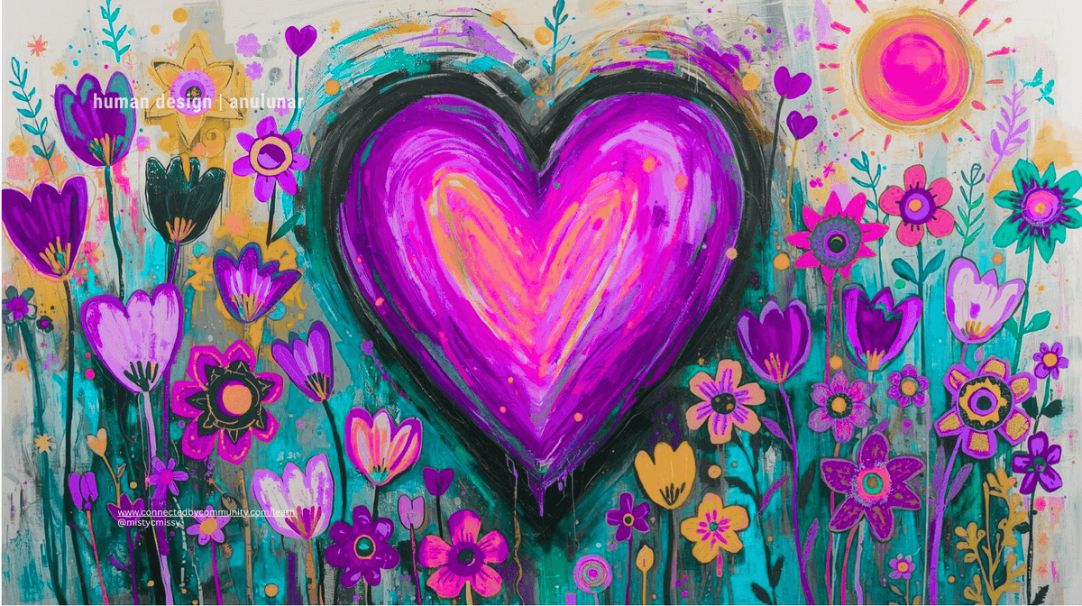 Vibrant abstract mixed-media painting for the Human Design Juxtaposition Cross of Insight. A large, neon-pink heart with a glowing orange center is surrounded by a whimsical garden of purple and yellow flowers under a bright yellow sun. This visualizes the synergy of Gates 43, 23, 29, and 30—the blossoming of sudden breakthrough insights and the courage to commit wholeheartedly to emotional truth