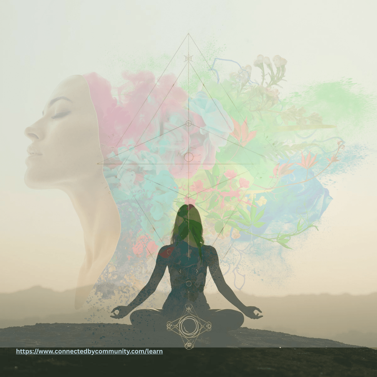 "Human Design Cheat Sheet for the Juxtaposition Cross of Serendipity. Features Gates 46, 25, 52, and 58 against a peaceful sunrise background. Text highlights embodiment, universal love, and the power of stillness. Link: ConnectedByCommunity.com/Learn