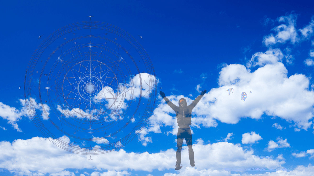 Inspirational digital art for the Human Design Left Angle Cross of Demands. A person in a hoodie jumps joyfully against a brilliant blue sky filled with fluffy white clouds. To the left, a large, intricate circular geometric mandala is overlaid on the clouds, representing Gates 52, 58, 21, and 48-the drive to identify improvements and demand higher standards of well-being