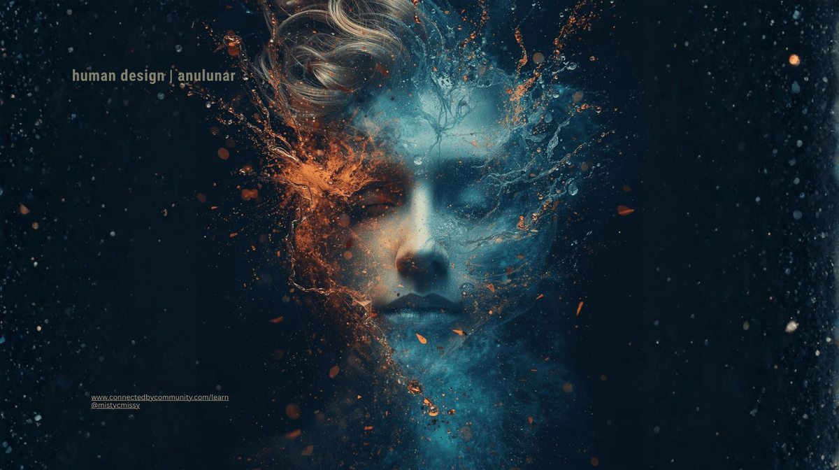 Human Design Right Angle Cross of Eden (12/11 | 36/6) ethereal face emerging from blue-orange cosmic energy, representing Creative Wayfinder's emotional expression and paradise exploration.