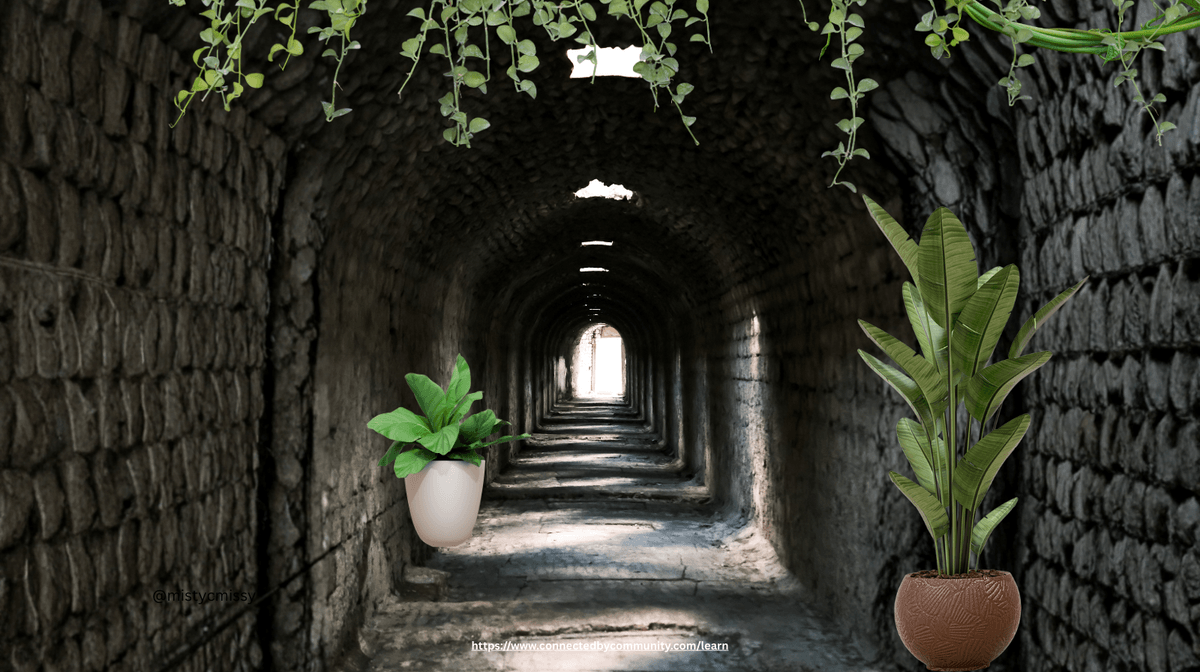 Digital art for the Human Design Left Angle Cross of Defiance. A perspective view looking through a long, arched stone tunnel toward a bright light at the end. Green hanging vines drape from the ceiling, and two large potted tropical plants frame the foreground, symbolizing Gates 1, 2, 4, and 49-the journey of inner guidance leading toward authentic, principled change.