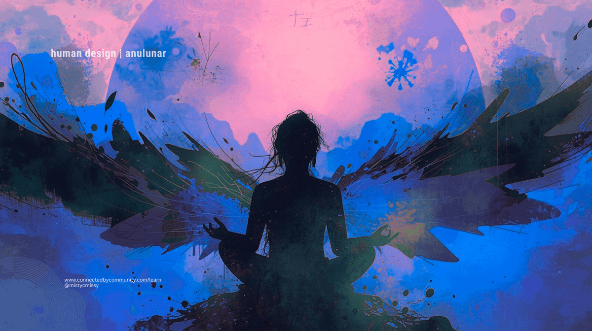 Abstract digital art of a silhouetted person in a meditative lotus pose with cosmic wings, set against a vibrant blue and pink celestial moon background, representing the Human Design Right Angle Cross of Service and the Stillness Keeper.