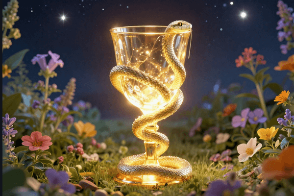  Astrology graphic representing the asteroid Hygeia, illustrating the serpent and chalice symbol, The Sovereign Sanctuary archetype, holistic health, and preventative wellness.