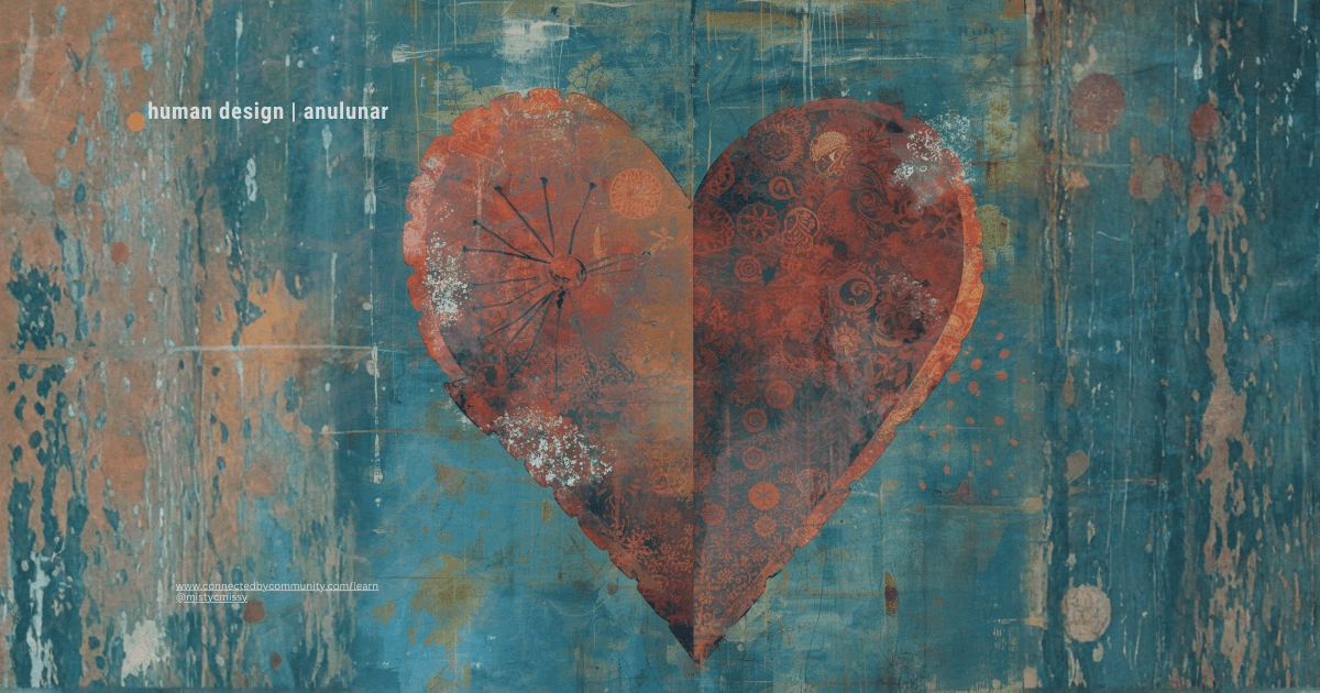 Human Design Juxtaposition Cross of Commitment (29/30 | 20/34) split textured cosmic heart with radiant orange energy on teal background, symbolizing Devoted Catalyst's heartfelt devotion and powerful life-force.