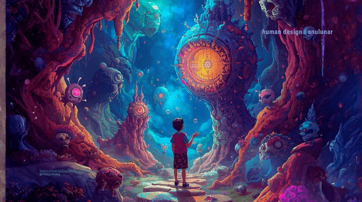 Human Design cosmic artwork for Juxtaposition Cross of Doubts (Gates 63/64 | 26/45), featuring a glowing profile silhouette with radiant third eye chakra sigil wheel, surrounded by surreal mushrooms, cosmic clock, and ethereal forest symbolizing logical doubt, mental clarity, refinement, and leadership integrity by AnuLunar™.