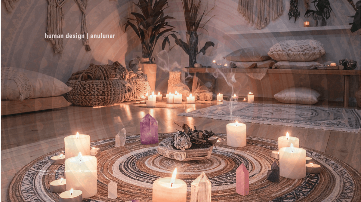 A serene indoor ritual space for the Human Design Juxtaposition Cross of Habits. The room features a circular rug with a mandala pattern, surrounded by glowing candles, crystals, and rising incense smoke. This visualizes the stabilizing rituals of Gate 5 and the emotional elegance of Gate 22, providing a grounded anchor for the mental transformation of Gate 47 and the experiential change of Gate 35.
