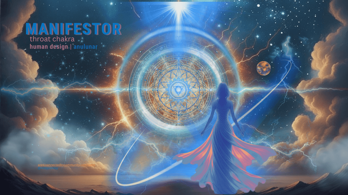Human Design Manifestor hero image showing a woman in a flowing dress facing a radiant throat‑chakra sigil wheel, with lightning, clouds, and a starry sky representing Manifestor initiation and impact.