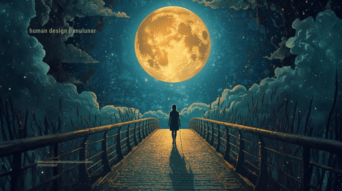 Human Design Left Angle Cross of Separation (35/5 | 22/47) solitary figure on moonlit bridge under golden full moon with starry clouds, embodying Bridgewalker's openness and world-connecting grace.