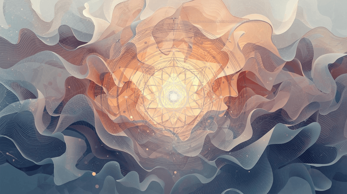 Ethereal digital art for the Human Design Left Angle Cross of Dedication. Layers of flowing, translucent grey and amber fabric-like waves swirl around a central glowing geometric mandala. The image symbolizes the energy of Gates 43, 23, 29, and 30—the process of capturing sudden inner breakthroughs and translating them into dedicated, passionate, and clear communication