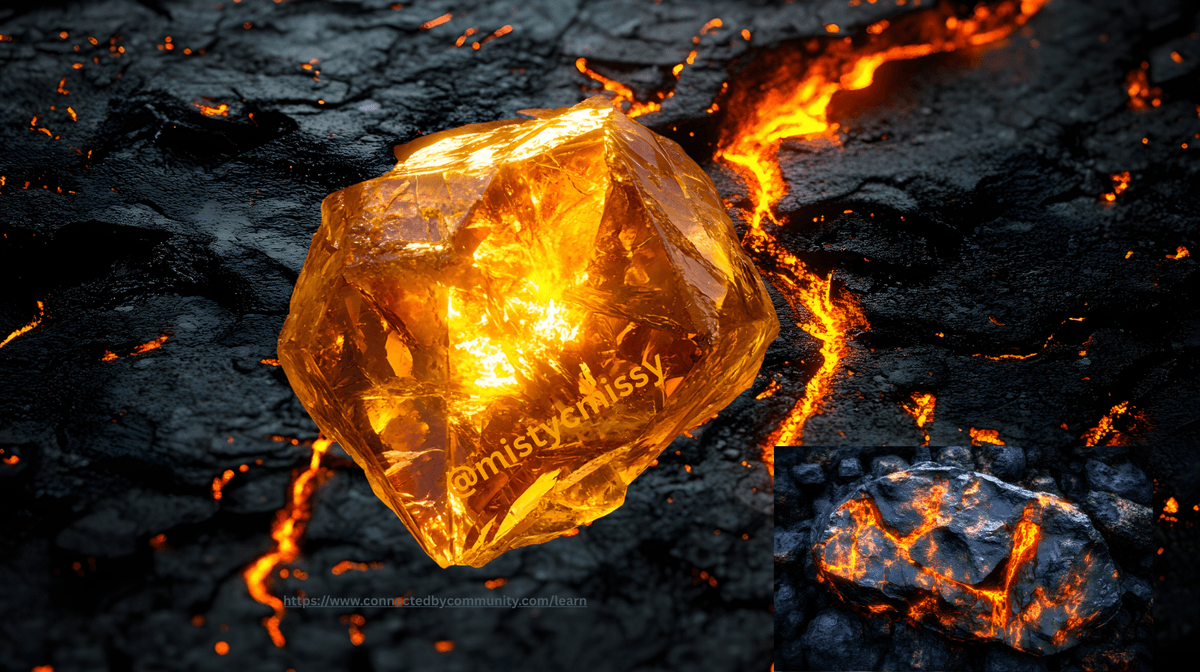 High-contrast digital art for the Human Design Left Angle Cross of Confrontation. A glowing, amber-gold crystalline rock sits atop a dark, cracked volcanic surface with flowing veins of molten lava. A smaller inset image shows a similar rock with more intense internal fire, symbolizing the heat of Gates 45, 26, 36, and 6-the power to confront inefficiency and bring emotional truth to the surface.