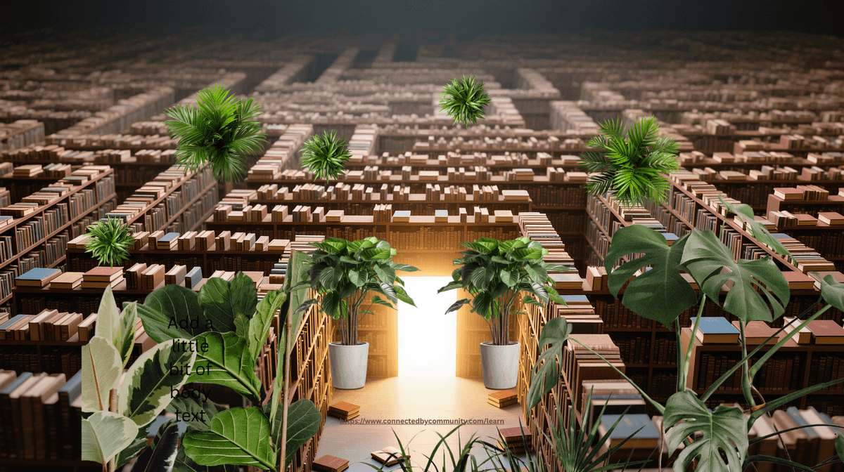 Surreal digital artwork for the Human Design Left Angle Cross of Defiance. A vast, intricate library labyrinth made of wooden bookshelves stretches to the horizon. In the foreground, a bright, glowing portal is framed by potted green plants and floating tropical leaves, representing Gates 2, 1, 49, and 4—the journey of following inner guidance to break through outdated structures and cycles.