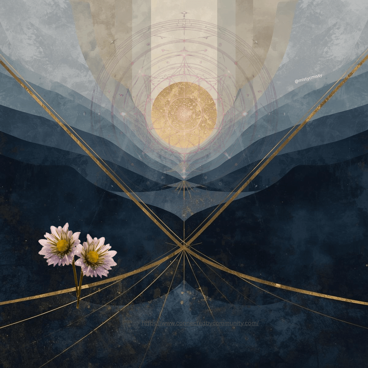 Human Design Left Angle Cross of The Alpha artwork featuring a golden sun mandala over misty mountain peaks. Abstract geometric overlays represent Gates 31, 41, 24, and 44, symbolizing visionary leadership, instinctive guidance, and the spark of new beginnings.