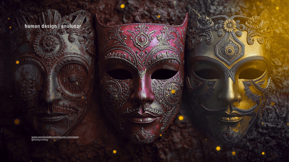 Human Design artwork for the Left Angle Cross of Masks 13 7 43 23, featuring ornate symbolic masks representing deep listening, visionary leadership, inner knowing, and transformative truth.