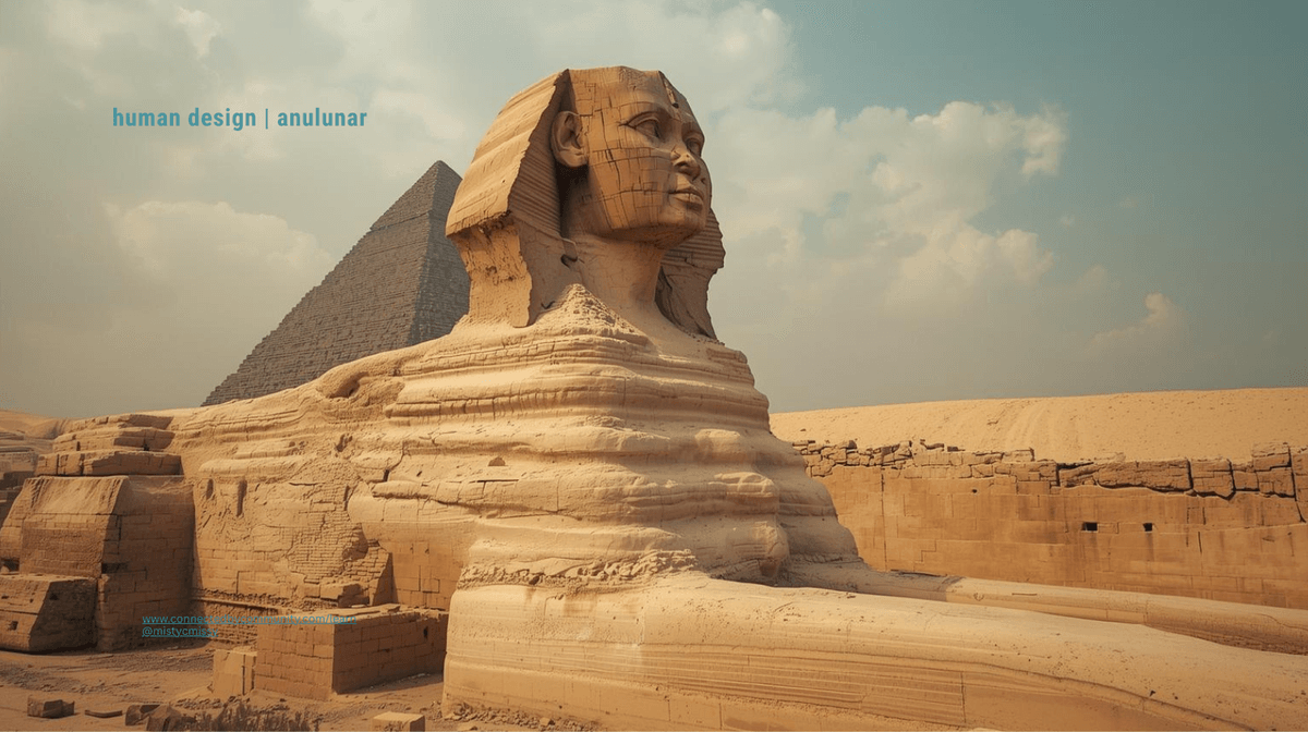 Ancient Egyptian Sphinx and pyramid under a soft desert sky, stylized as a mystical backdrop for the Human Design Right Angle Cross of the Sphinx (Gates 13/7 1/2) blog, symbolizing collective guidance, soul stories, and the Listener archetype with Sun in Gate 13.
