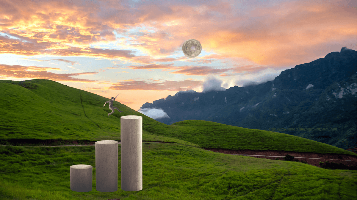 Surreal landscape digital art for the Human Design Juxtaposition Cross of Depth. A person in mid-leap jumps between three tall, vertical wooden cylinders on a lush green hilltop overlooking a deep valley and rugged mountains at sunset. A glowing moon-like geometric mandala floats in the orange sky, representing Gates 48, 21, 53, and 54 the journey of deep mastery, resource stewardship, and ambitious evolution.