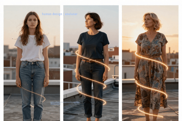 Human Design 3/6 Profile three life phases showing experimentation chaos, rooftop integration observation, and embodiment role model authority with golden spiral connection