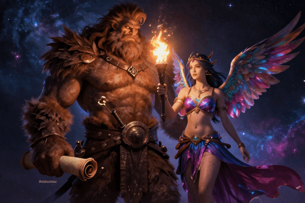 Astrology graphic representing the dwarf planet Orcus and his moon Vanth, illustrating The Sovereign Oath-Keeper archetype, self-integrity, and the astrology of truth and guidance.