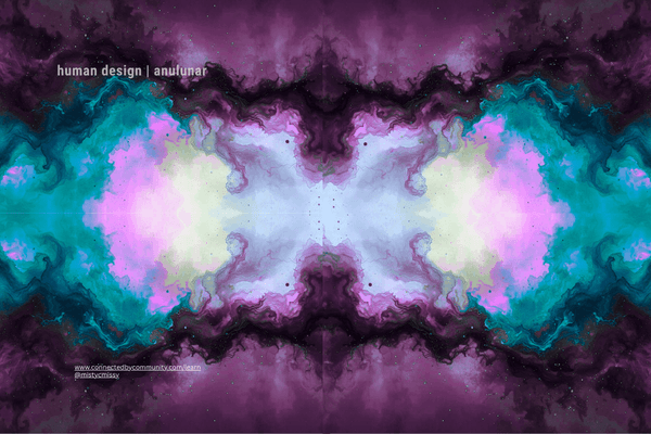 Symmetrical cosmic cycles portal: dual nebulae of purple-black voids with cyan-pink glowing wings and central white light burst, evoking Human Design Left Angle Cross of Cycles (53/54 42/32)—beginnings, ambition, maturation, and continuity in AnuLunar™ style.