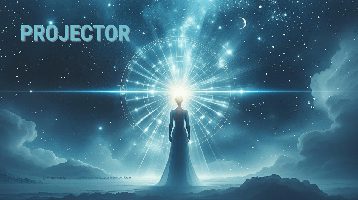 Surreal digital artwork of a Human Design Projector silhouette standing against a cosmic, starry blue background. A glowing celestial mandala radiates behind the figure's head like a beacon, symbolizing the focused, penetrating aura and the 'Projector' title in bold text-representing the Guide, the Seer, and the Signal Reader.