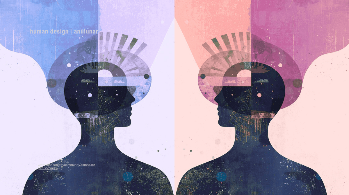 Symmetrical illustration of two celestial silhouettes facing one another with radiant pastel auras, representing the Left Angle Cross of The Plane. The image symbolizes the 'Embodied Guide' mirroring authenticity, emotional clarity, and the shared human connection required to navigate growth and crisis.