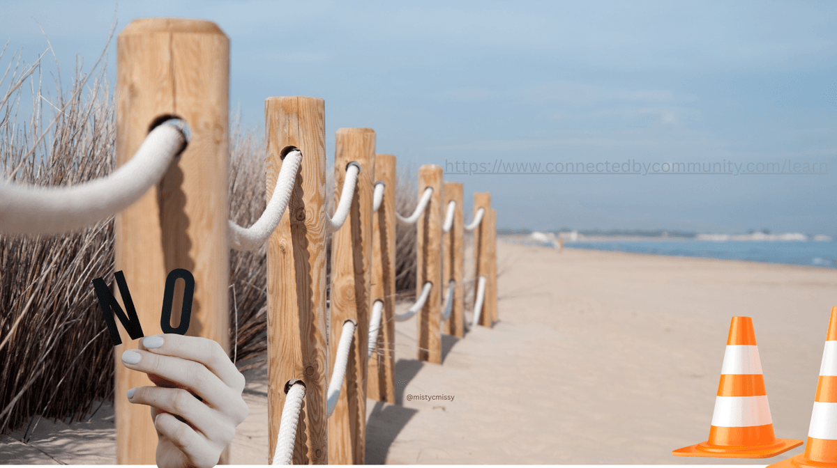 Conceptual digital art for the Human Design Juxtaposition Cross of Denial. A sunny beach scene features a series of sturdy wooden posts connected by white rope, forming a clear boundary line. A hand enters the frame holding black letters that spell 'NO,' while orange traffic cones stand in the foreground, representing Gates 40, 37, 35, and 5—the power of protecting energy and honoring natural rhythm