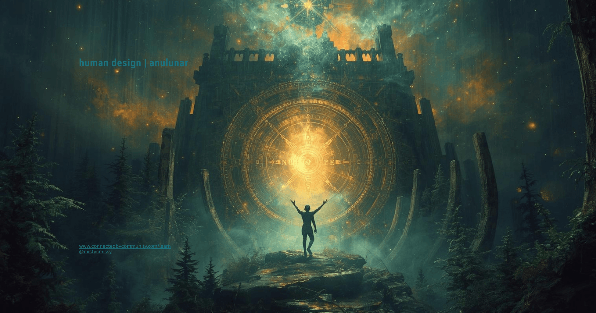 Mystical Human Design chart of Juxtaposition Cross of Possession (Gates 45/26, 36/6) with golden mandala gate, figure raising arms before cosmic castle ruins amid starry forest