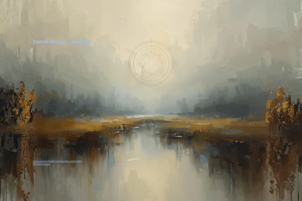 Dreamy mist-filled landscape reflected in still water with a subtle Human Design mandala in the sky, symbolizing the Juxtaposition Cross of Stillness and calm focus.”