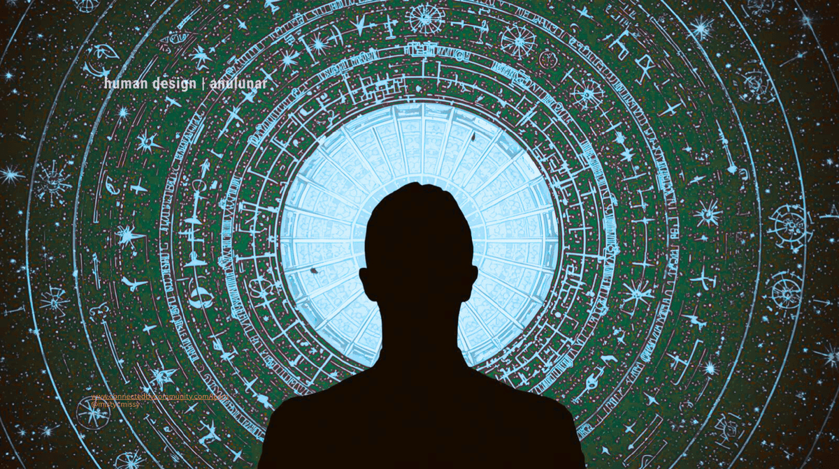 Cosmic digital art for the Human Design Juxtaposition Cross of Influence. A dark silhouette of a person's head and shoulders is centered against a massive, glowing blue and teal celestial calendar or zodiac-like mandala that radiates with light. This visualizes the influential voice of Gate 31 and the mental clarity of Gate 24, emerging from the pattern recognition of Gate 44 and the creative initiation of Gate 41.