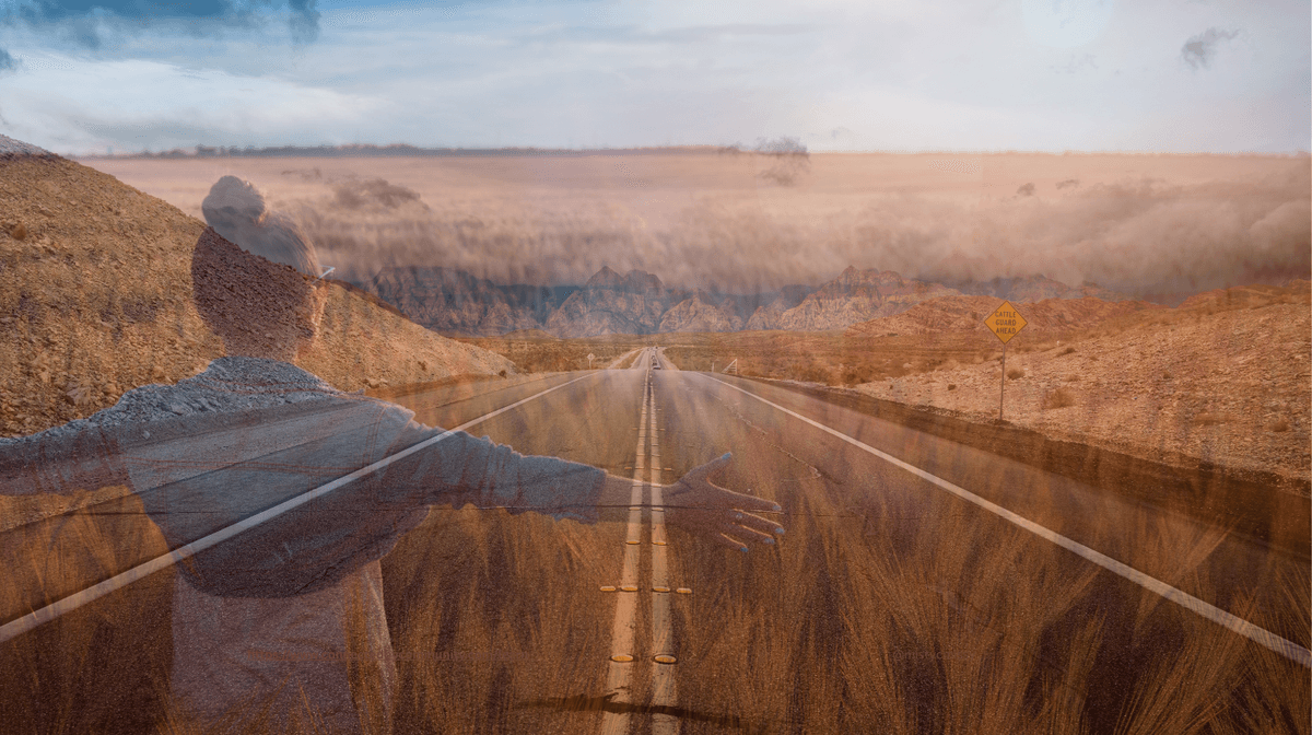 ouble-exposure digital art for the Human Design Juxtaposition Cross of Control. A silhouette of a person with arms outstretched stands in a field of golden wheat, overlaid with a long, straight highway stretching toward distant mountains. The warm, sunset-lit landscape symbolizes Gates 21, 48, 54, and 53—the journey of taking charge, applying deep wisdom, and guiding others through cycles of growth