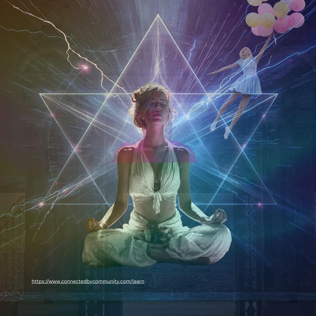 Digital art representing the Human Design Juxtaposition Cross of Shock, featuring an awakened silhouette amidst lightning and geometric patterns, symbolizing Gates 51, 57, 61, and 62.