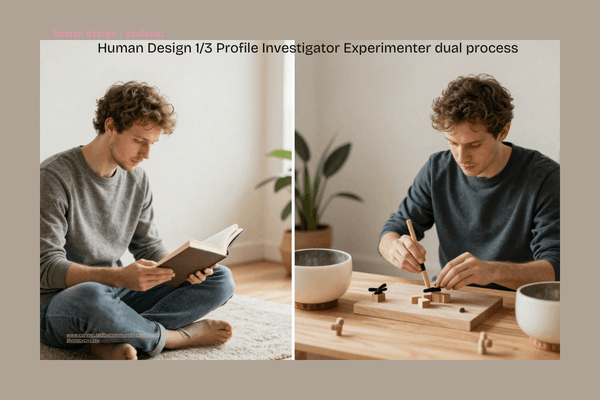 Human Design 1/3 Profile Investigator Experimenter dual process showing research foundation building and real world experimentation with crystal singing bowls and book