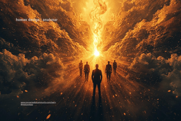 Cosmic portal of awakening: silhouettes of five figures stride toward a radiant central fire vortex piercing dramatic clouds, symbolizing Human Design Left Angle Cross of The Clarion (51/57 61/62)—shocking initiation, intuitive clarity, mystery, and precise truth in AnuLunar™ style.