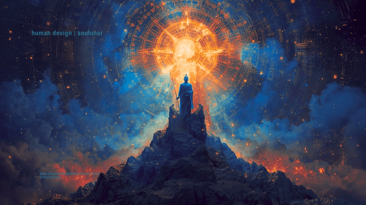 "Glowing blue Buddha silhouette atop rocky mountain peak with radiant orange sun mandala halo and cosmic starry backdrop, symbolizing Human Design Right Angle Cross of Tension (21/48 | 38/39) Harmonizing Leader – Gates 21 empowered control, 48 intuitive depth, 38 purposeful struggle, 39 catalytic provocation AnuLunar™" 