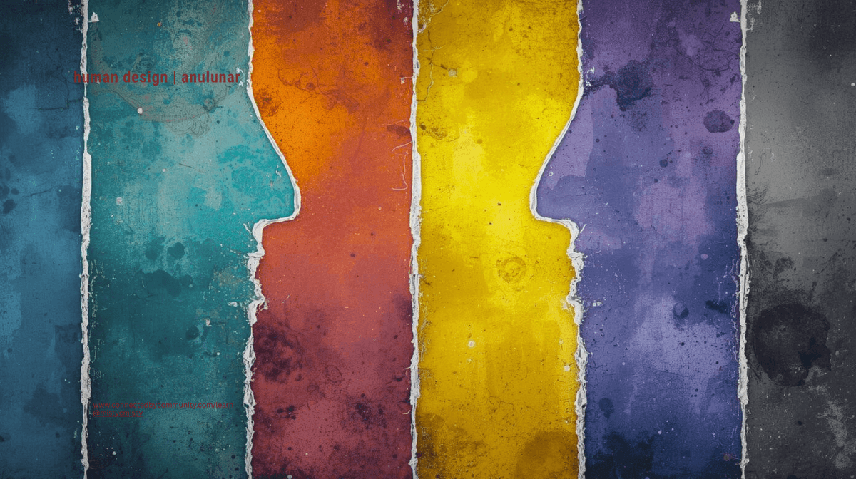 Abstract colorful silhouette profiles in teal, orange, yellow, purple, gray paint splashes on divided panels, representing Human Design Right Angle Cross of the Unexpected (41/31 | 28/27) – Gates 41 emotional initiation, 31 influence, 28 struggle, 27 devotion AnuLunar™