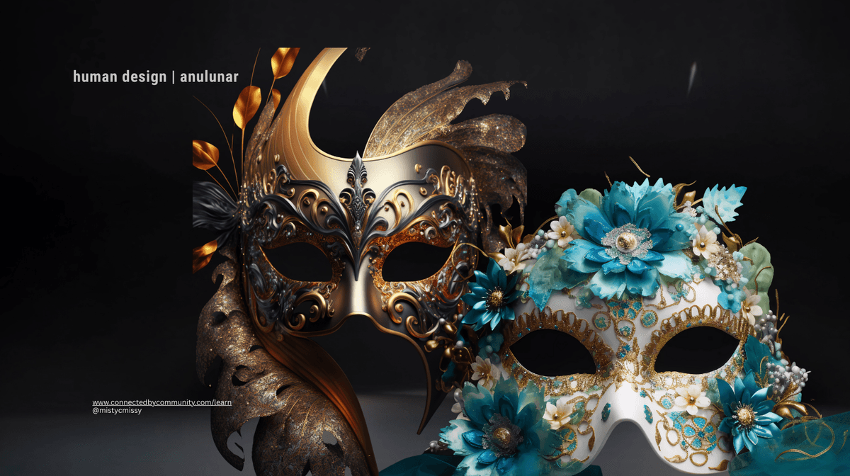 Human Design artwork for the Left Angle Cross of Masks 7 13 23 43, featuring ornate ceremonial masks symbolizing leadership, deep listening, inner insight, and clear expression.