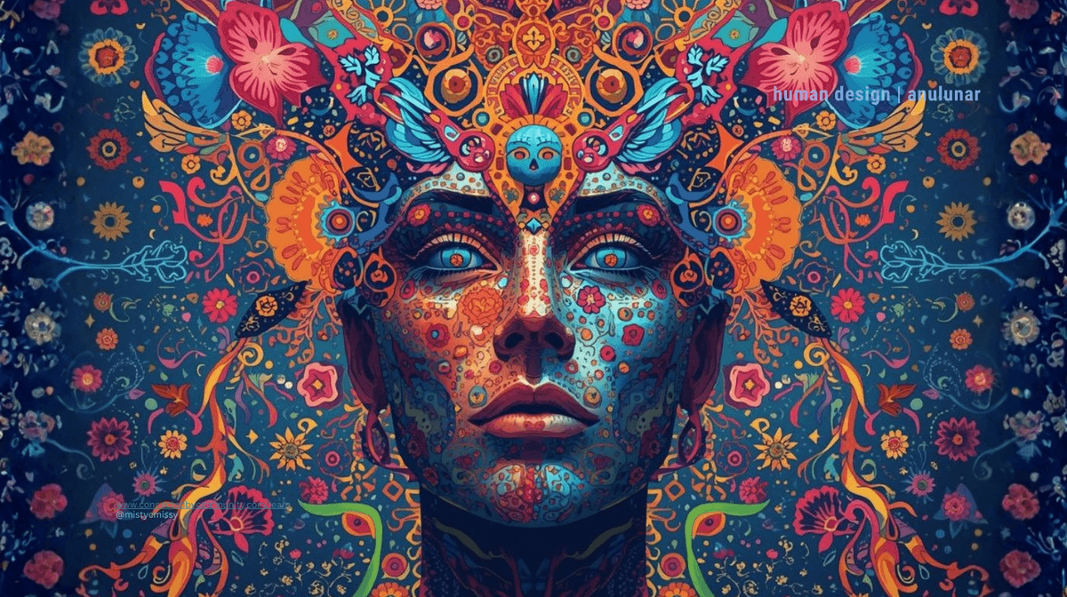 Vibrant psychedelic digital art for the Human Design Juxtaposition Cross of Intuition. A woman's face with bright blue eyes is covered in intricate floral and geometric patterns in shades of teal, orange, and red. She wears a complex, symmetrical headpiece with wings and a skull motif, symbolizing the intuitive perception and mystical inner knowing of Gates 57, 51, 62, and 61