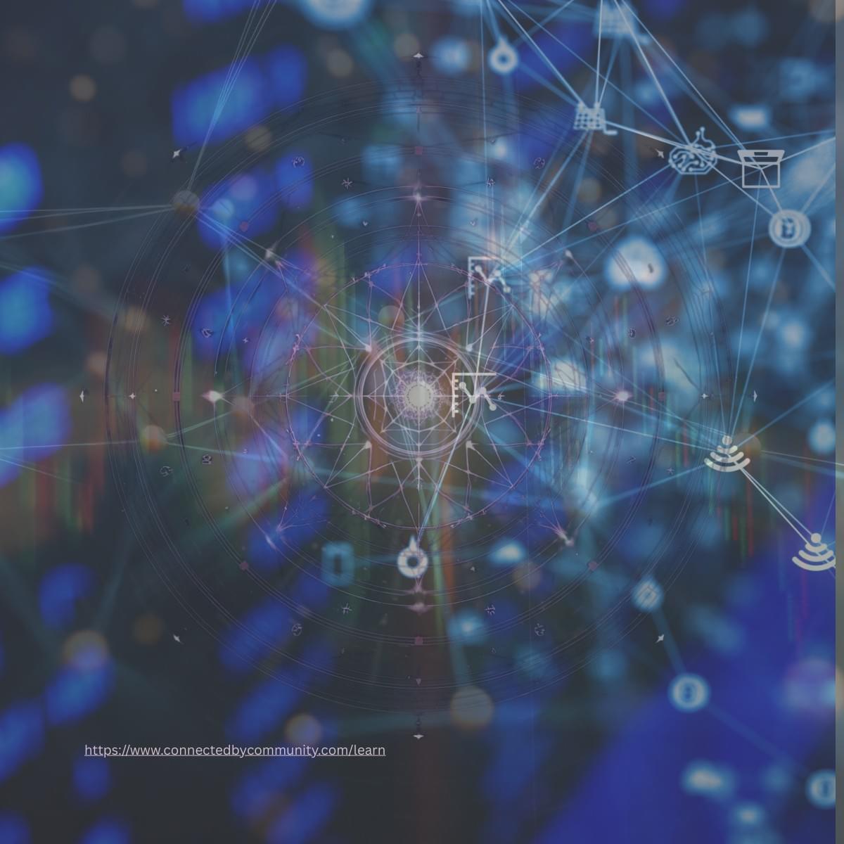 Digital artwork representing the Human Design Juxtaposition Cross of Strategy. A glowing central geometric mandala connects to a blue neural network of nodes and icons, symbolizing Gates 59, 55, 16, and 9 and the power of strategic connection and collaboration
