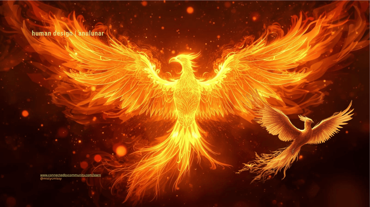A vibrant digital painting of a majestic golden-orange phoenix with wide, spanning wings set against a dark, cosmic backdrop with embers of sacral fire. This imagery represents the Right Angle Cross of The Sleeping Phoenix and the 'Instinctive Flame' archetype of raw vitality and embodied spirit.