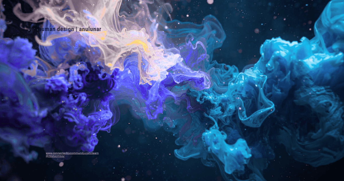 Human Design Juxtaposition Cross of Assimilation (23/43 | 30/29) ethereal blue-purple energy waves blending into cosmic nebula, symbolizing Integrative Translator's insight integration and emotional expression.